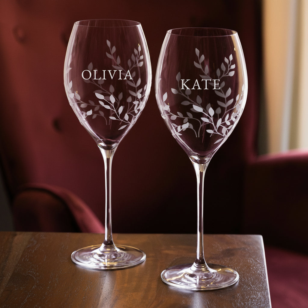 Two clear wine glasses with etched leaf patterns and personalized names 'OLIVIA' and 'KATE' on the bowls, set on a wooden table against a dark green upholstered chair background.