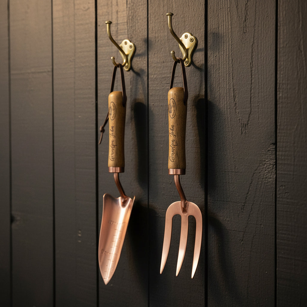 personalized-Gardening tools with wooden handles and rose gold blades on a light gray background