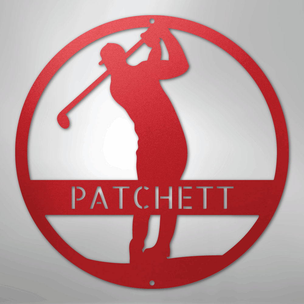 Red silhouette of a golfer with custom-name text