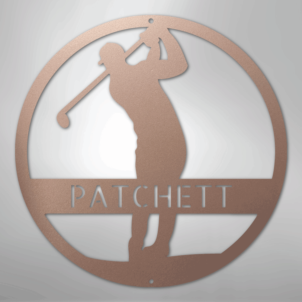 Decorative metal sign with golfer silhouette and 'name-text