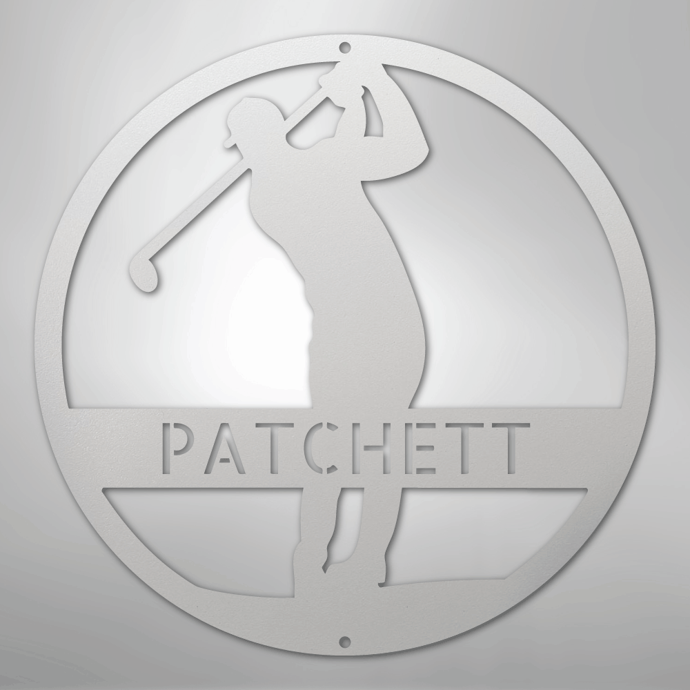 Metallic decorative wall art with a golfer silhouette and name text -personalized
