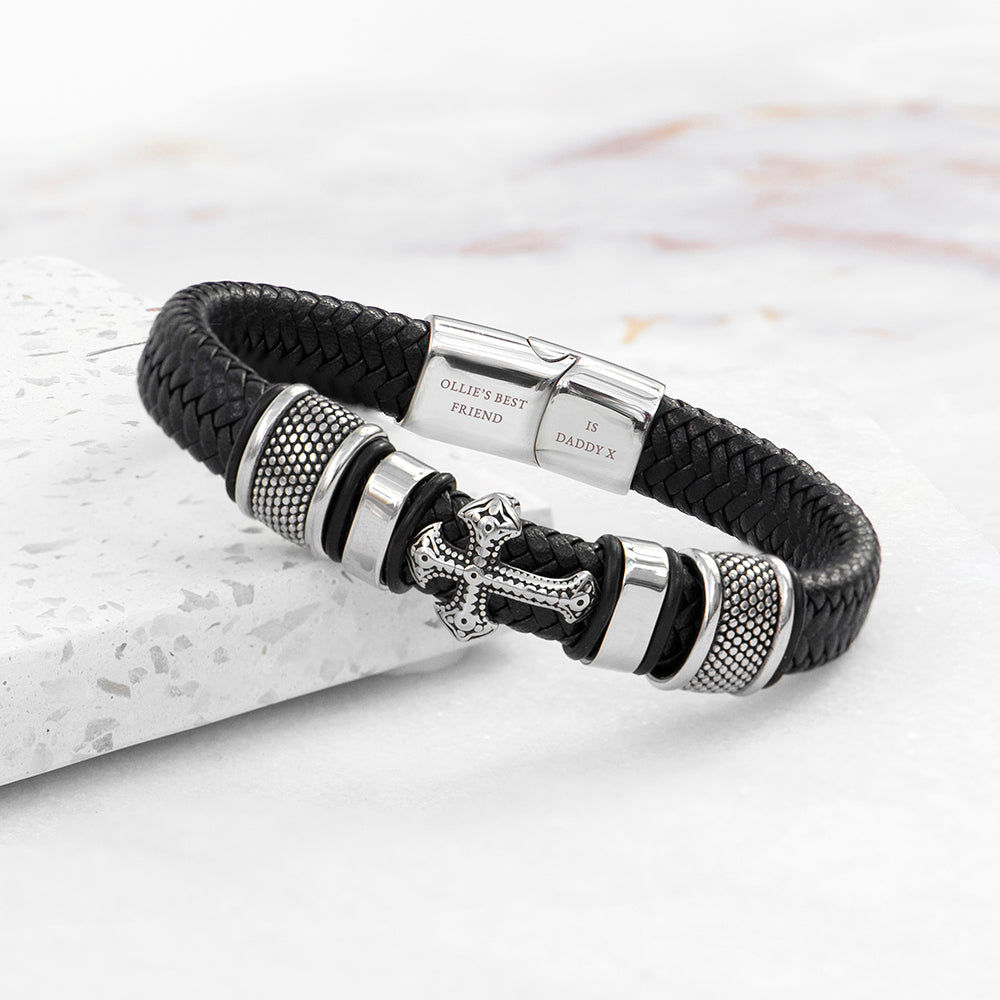 Personalized Gothic Cross Leather Bracelet for Men  Men's Bracelets Deeply Engraved