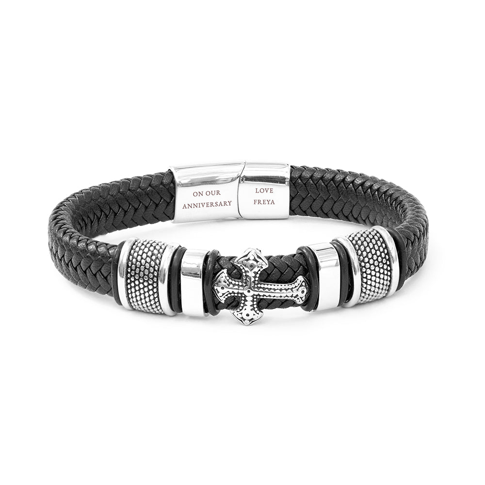 Personalized Gothic Cross Leather Bracelet for Men  Men's Bracelets Deeply Engraved