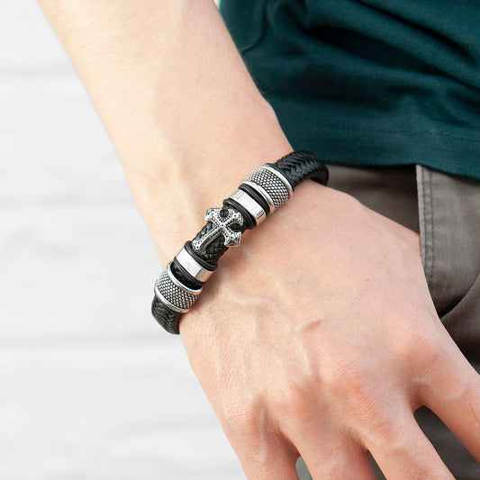 Personalized Gothic Cross Leather Bracelet for Men  Men's Bracelets Deeply Engraved