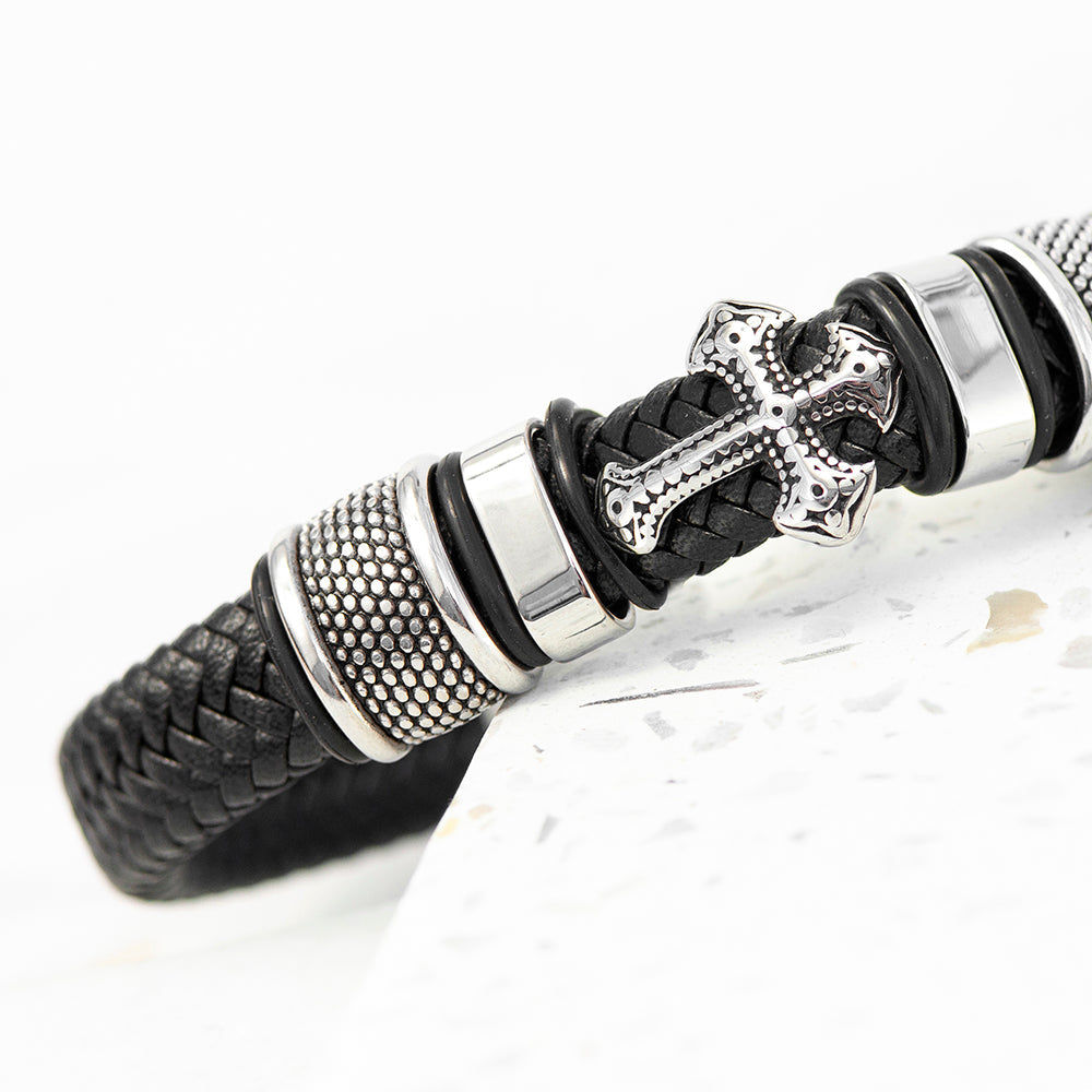 Personalized Gothic Cross Leather Bracelet for Men  Men's Bracelets Deeply Engraved