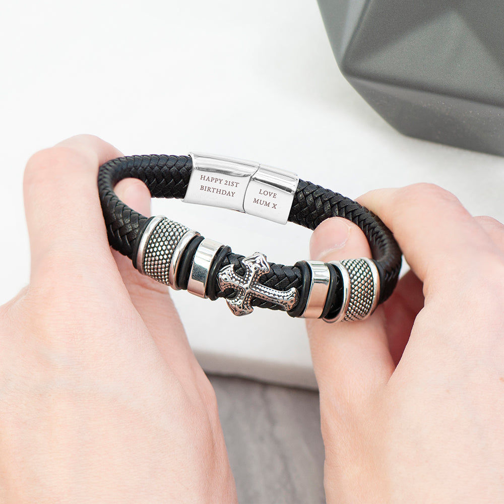 Personalized Gothic Cross Leather Bracelet for Men  Men's Bracelets Deeply Engraved