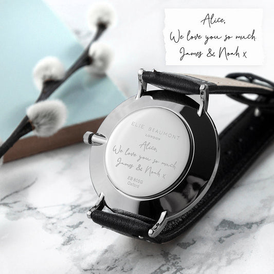Personalized Handwriting Engaved Ladies Leather Watch in Black