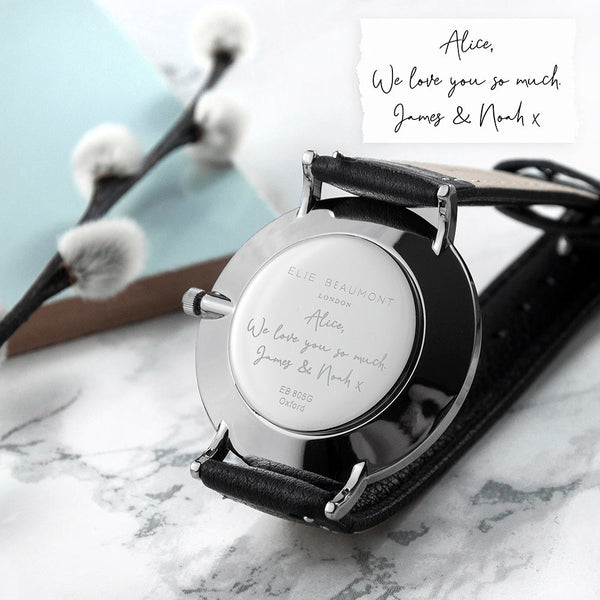 Personalized Handwriting Engaved Ladies Leather Watch in Black