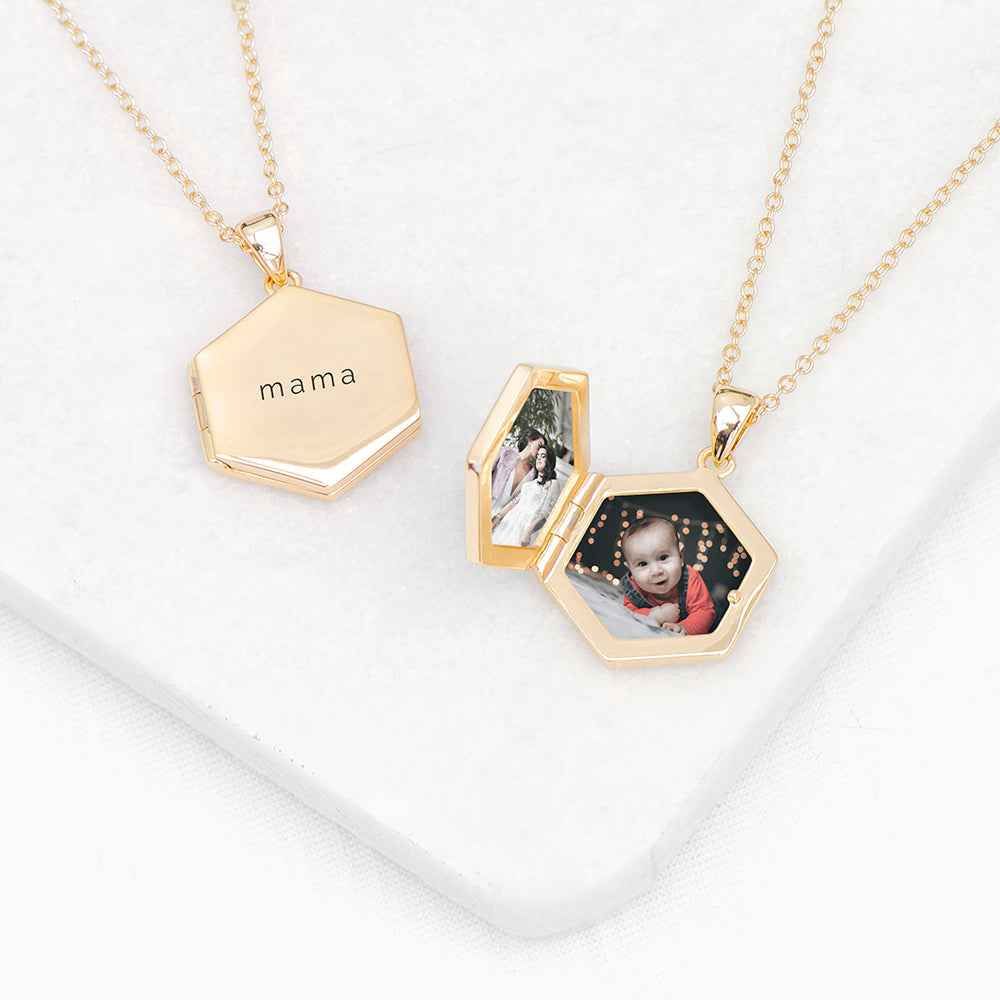 Personalized Hexagonal Photo Locket  Necklaces Deeply Engraved
