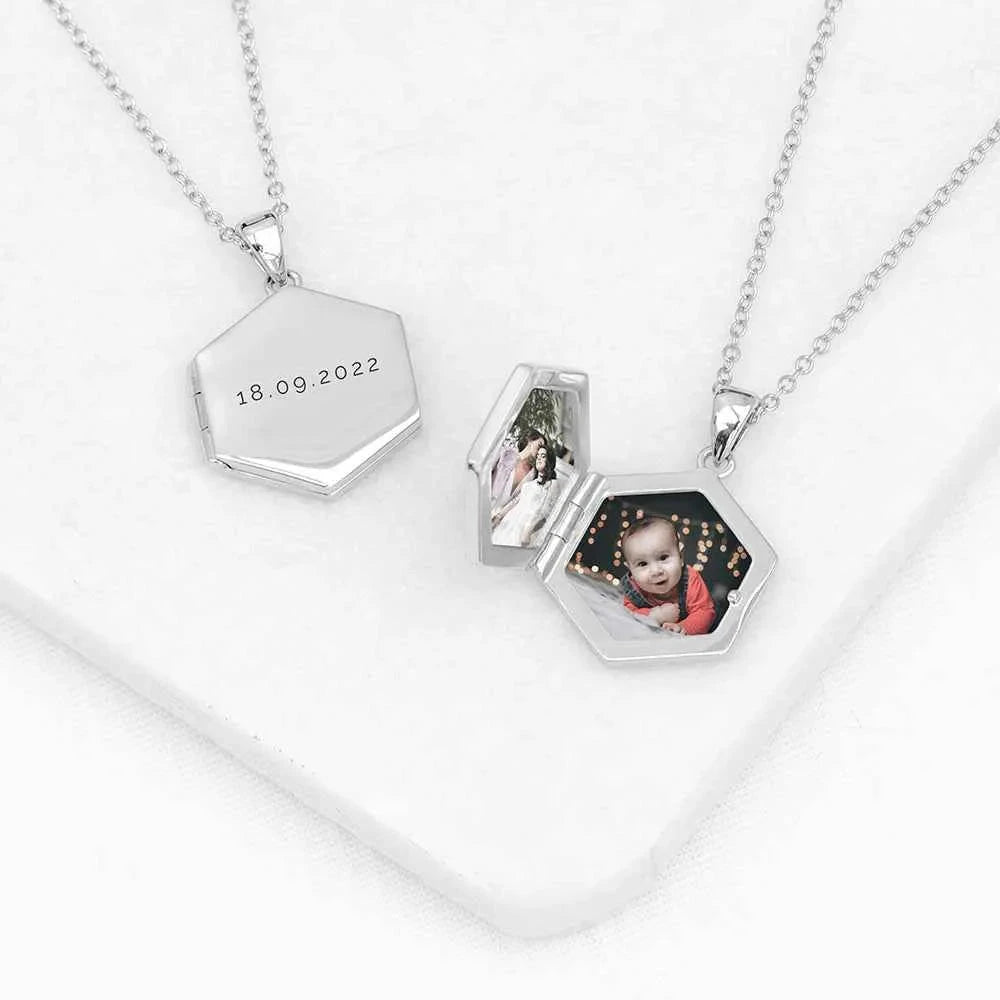 Personalized Hexagonal Photo Locket  Necklaces Deeply Engraved