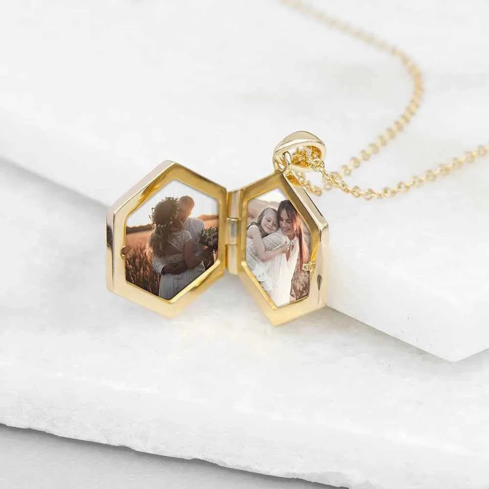 Personalized Hexagonal Photo Locket  Necklaces Deeply Engraved