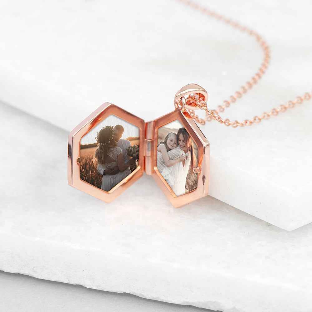 Personalized Hexagonal Photo Locket  Necklaces Deeply Engraved