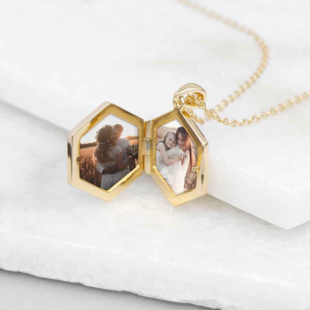 Personalized Hexagonal Photo Locket  Necklaces Deeply Engraved
