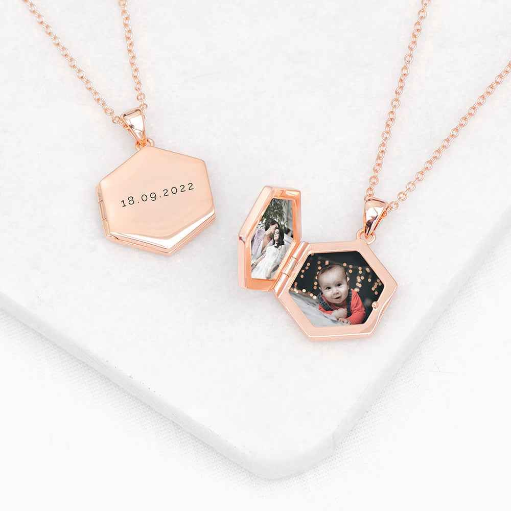 Personalized Hexagonal Photo Locket  Necklaces Deeply Engraved