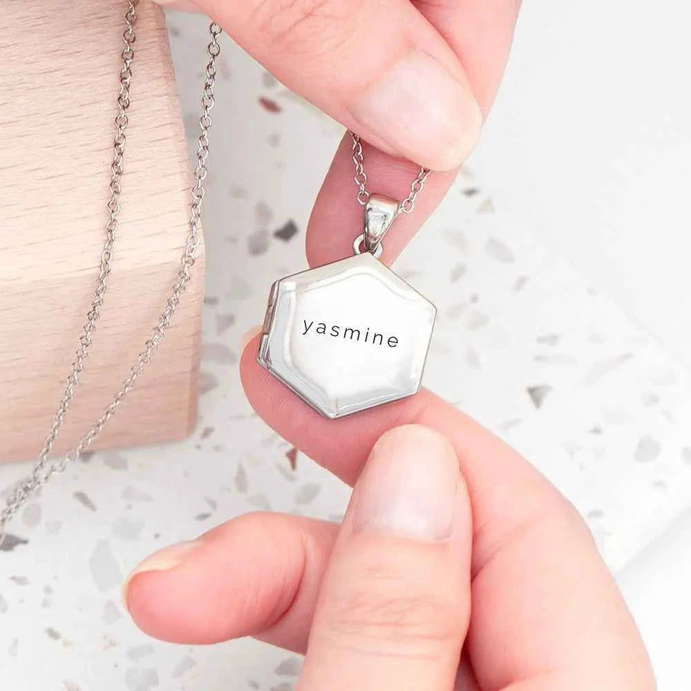 Personalized Hexagonal Photo Locket  Necklaces Deeply Engraved