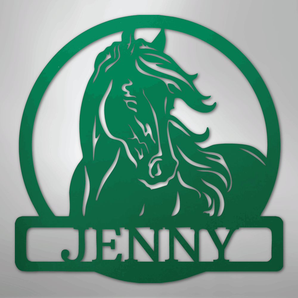 Green metal decorative sign with a horse design and 'personalized text-custom-name