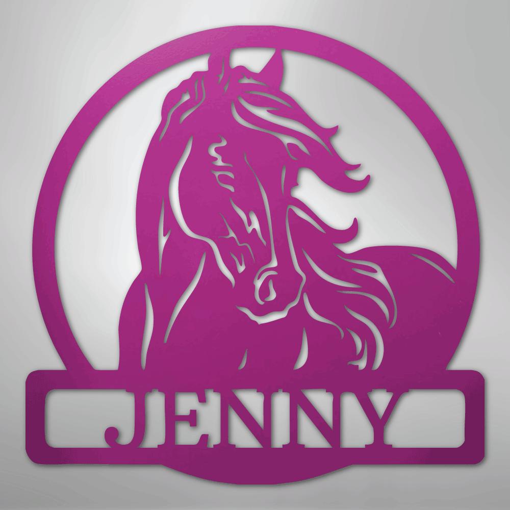 Purple metal decorative sign with a horse design and the name 'Jenny' on a gray background