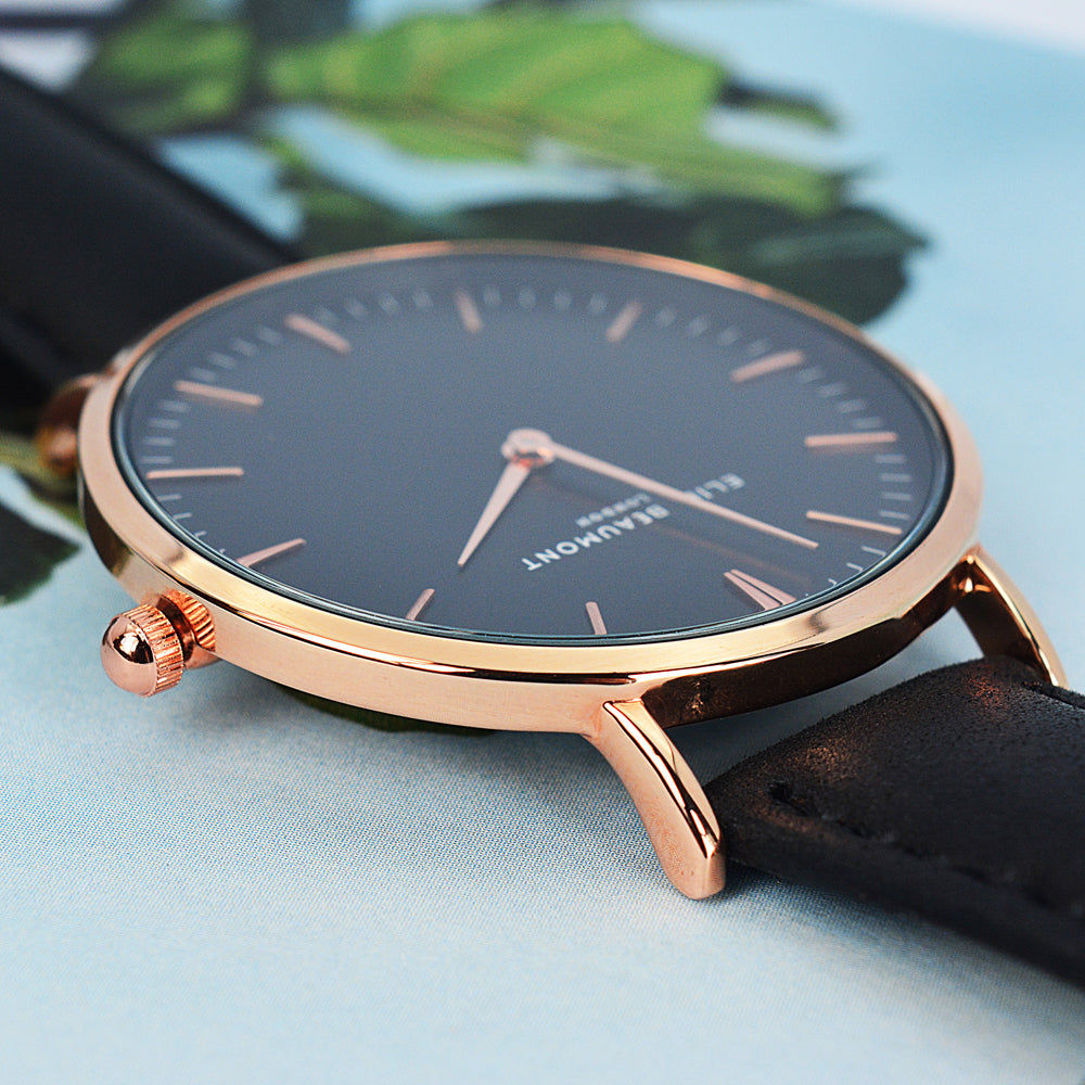 Personalized Ladies Leather Watch – Black  Ladies' Watches Deeply Engraved
