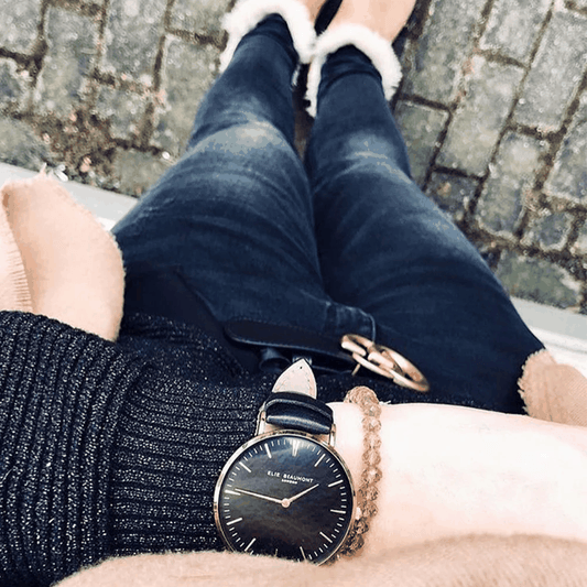 Ladies Minimalist Engraved Leather Watch in Black - Elie Beaumont