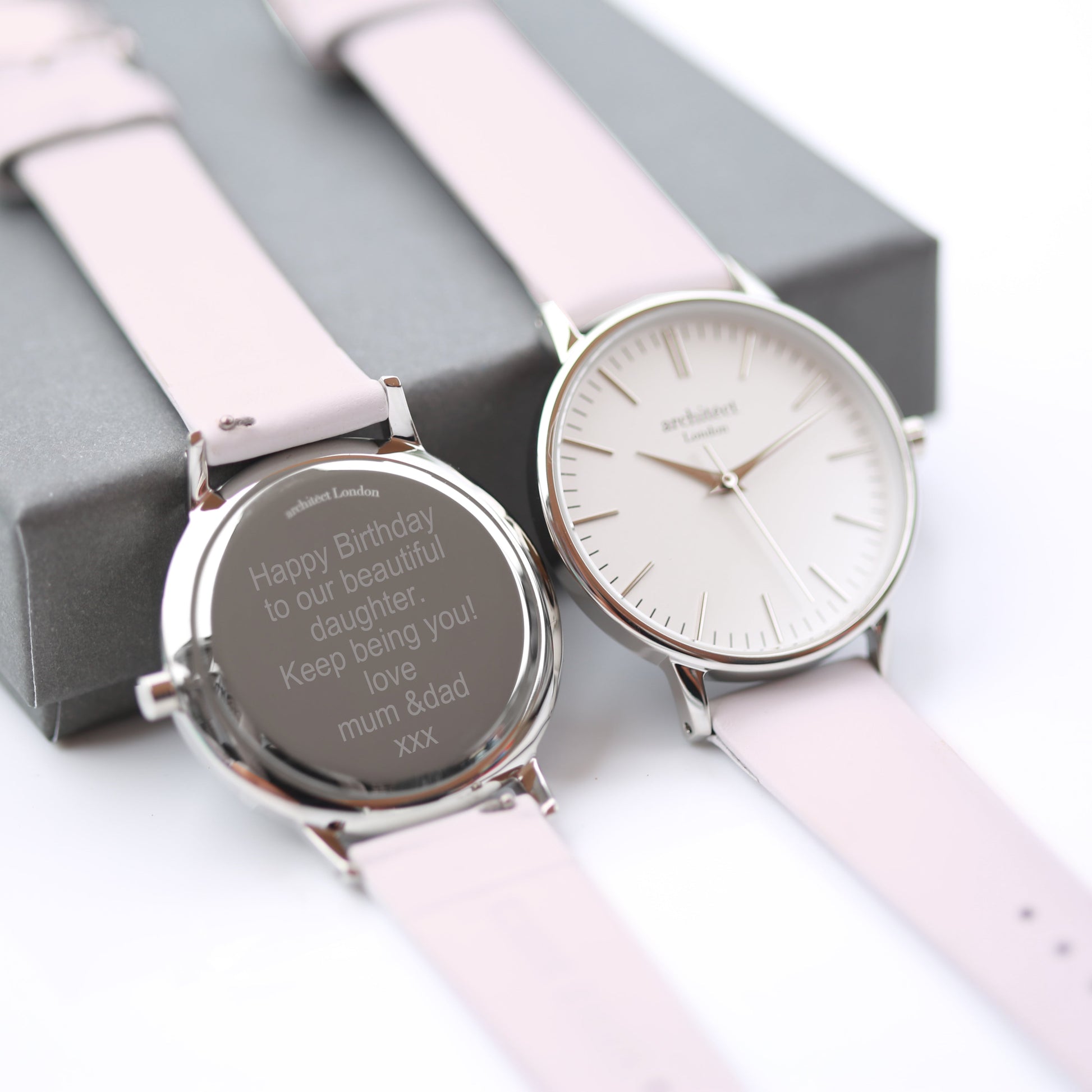 Personalized Ladies Minimalist Watch + Light Pink Strap  Ladies' Watches Deeply Engraved