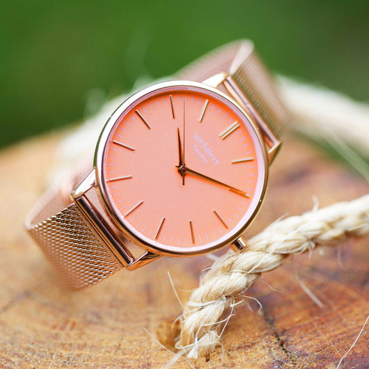 Personalized Ladies Rose Gold Mesh Watch – Coral Dial  Ladies' Watches Deeply Engraved