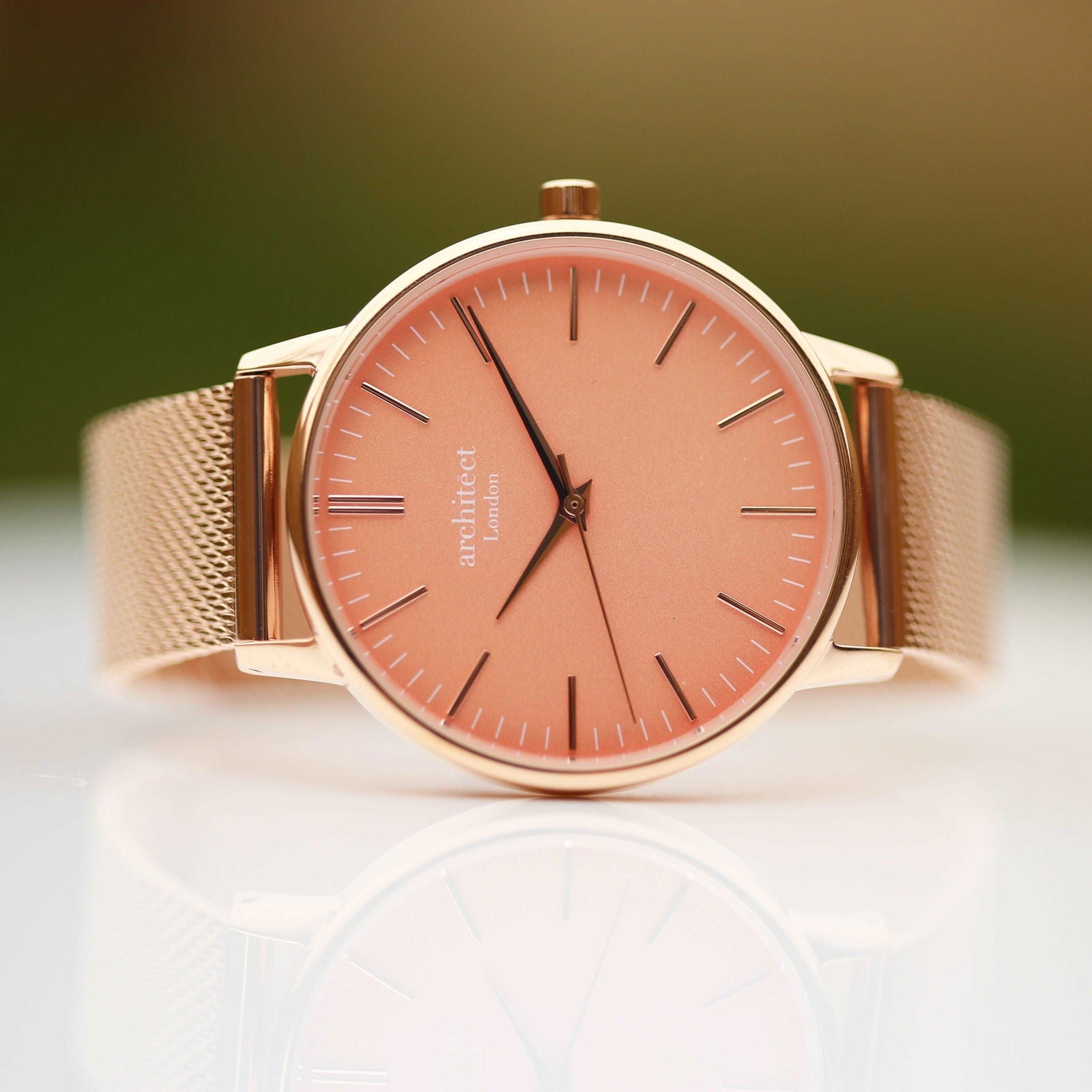 Personalized Ladies Rose Gold Mesh Watch – Coral Dial  Ladies' Watches Deeply Engraved