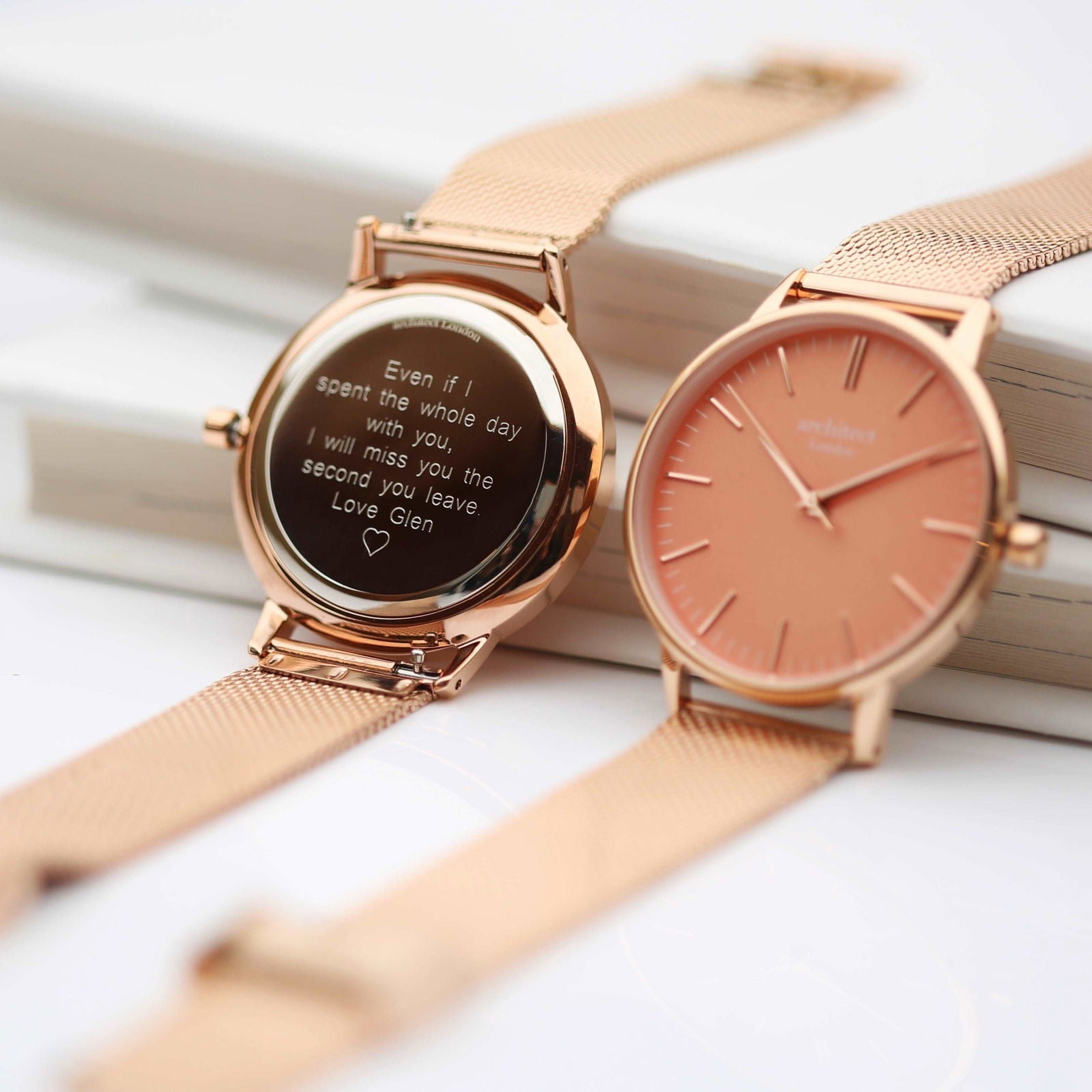 Personalized Ladies Rose Gold Mesh Watch – Coral Dial  Ladies' Watches Deeply Engraved