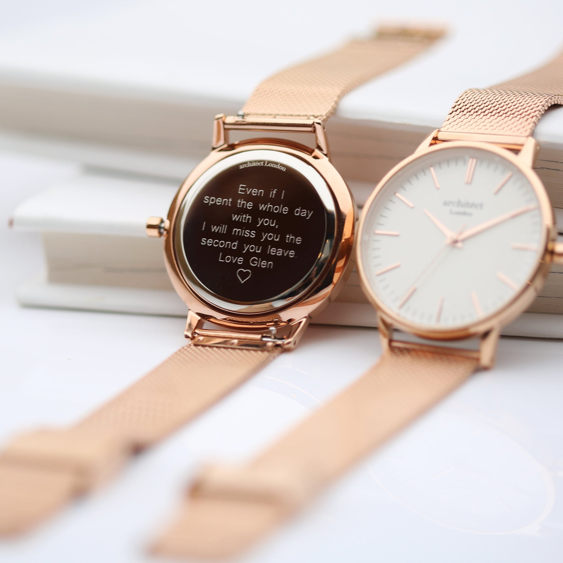 Personalized Ladies Rose Gold Mesh Watch- White Dial  Ladies' Watches Deeply Engraved