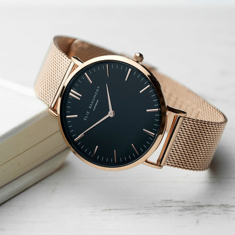 Personalized Ladies Watch in Rose Gold – Black Dial  Ladies' Watches Deeply Engraved
