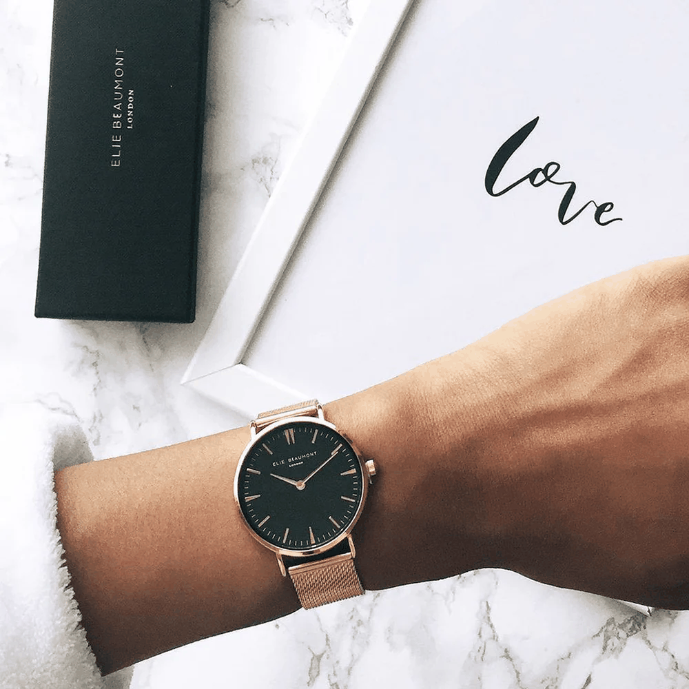 Personalized Ladies Watch in Rose Gold – Black Dial  Ladies' Watches Deeply Engraved