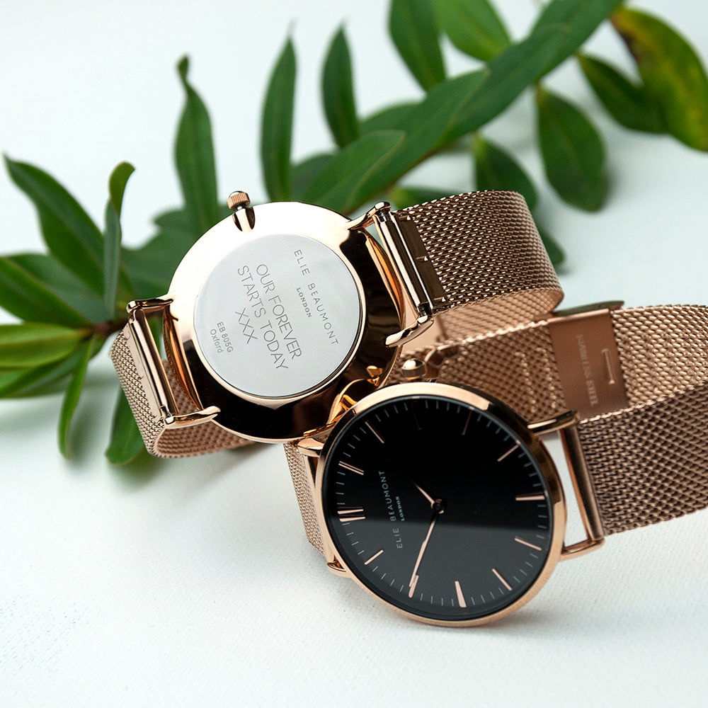 Personalized Ladies Watch in Rose Gold – Black Dial  Ladies' Watches Deeply Engraved
