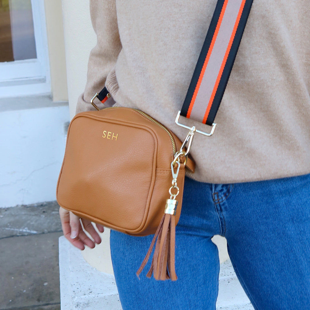 Personalized Leather Crossbody Mini Bag in Heritage Tan  Leather Bags Deeply Engraved