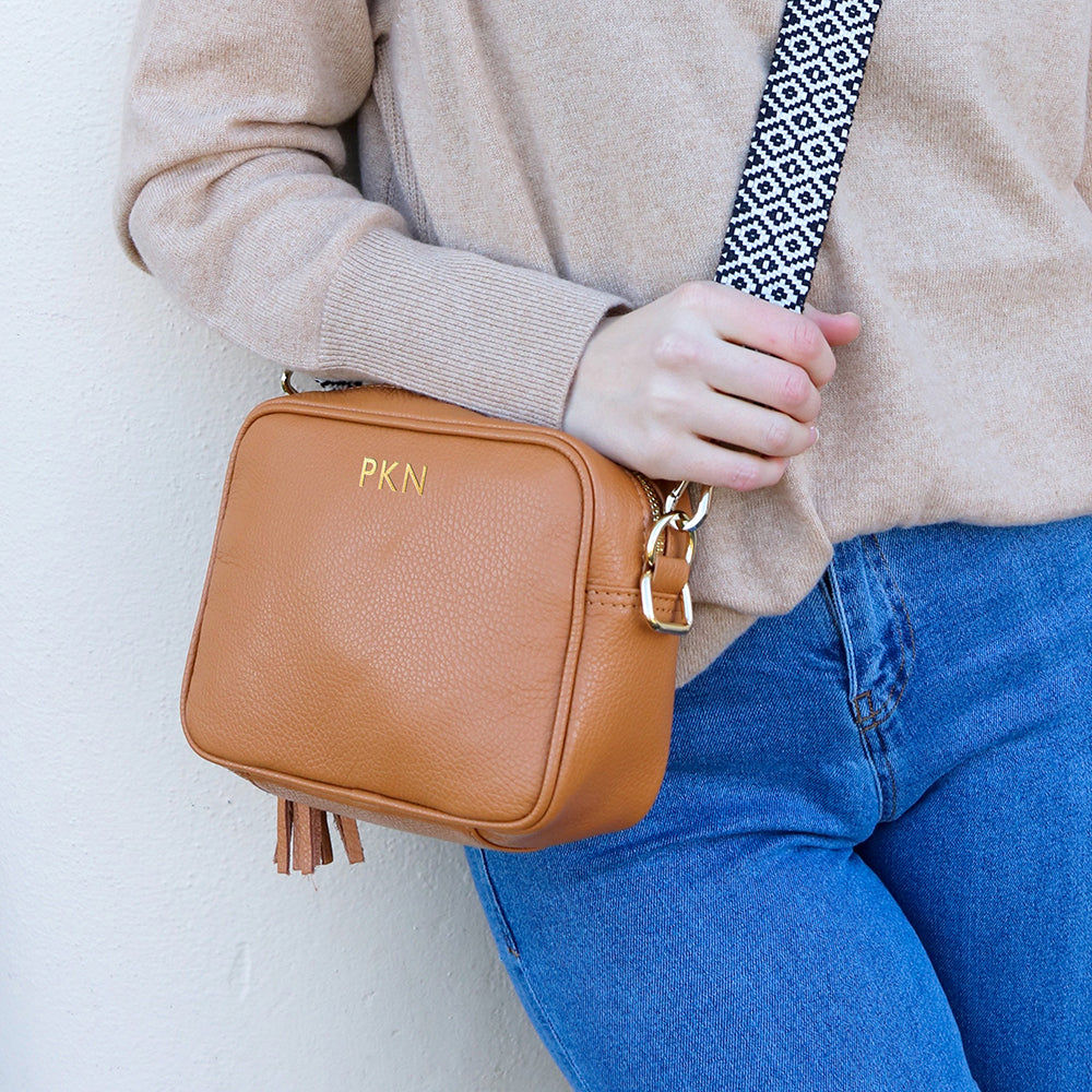 Personalized Leather Crossbody Mini Bag in Heritage Tan  Leather Bags Deeply Engraved