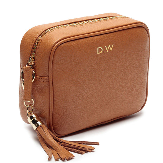 Personalized Leather Crossbody Mini Bag in Heritage Tan  Leather Bags Deeply Engraved