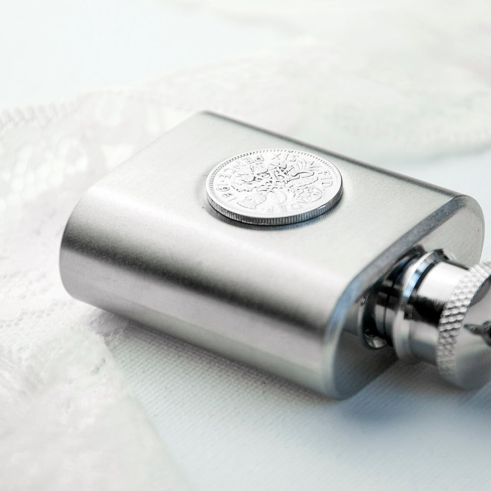 Personalized Lucky Sixpence Mini Hip Flask  Hip Flasks Deeply Engraved