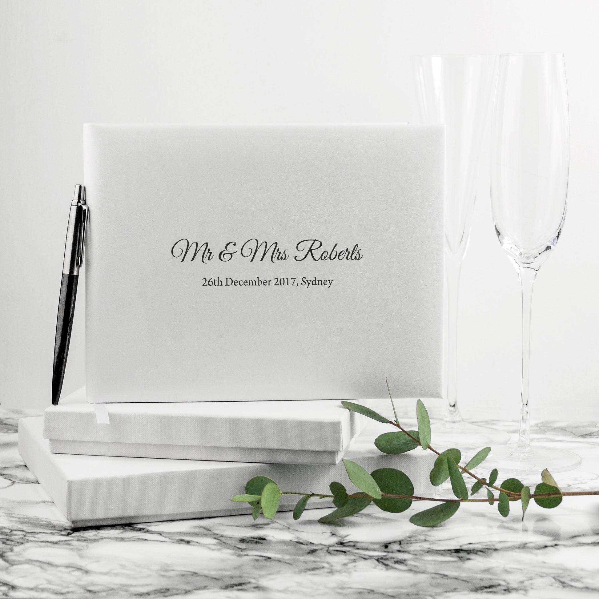 Personalized Luxury White Leather Wedding Guest Book  Leather Books Deeply Engraved