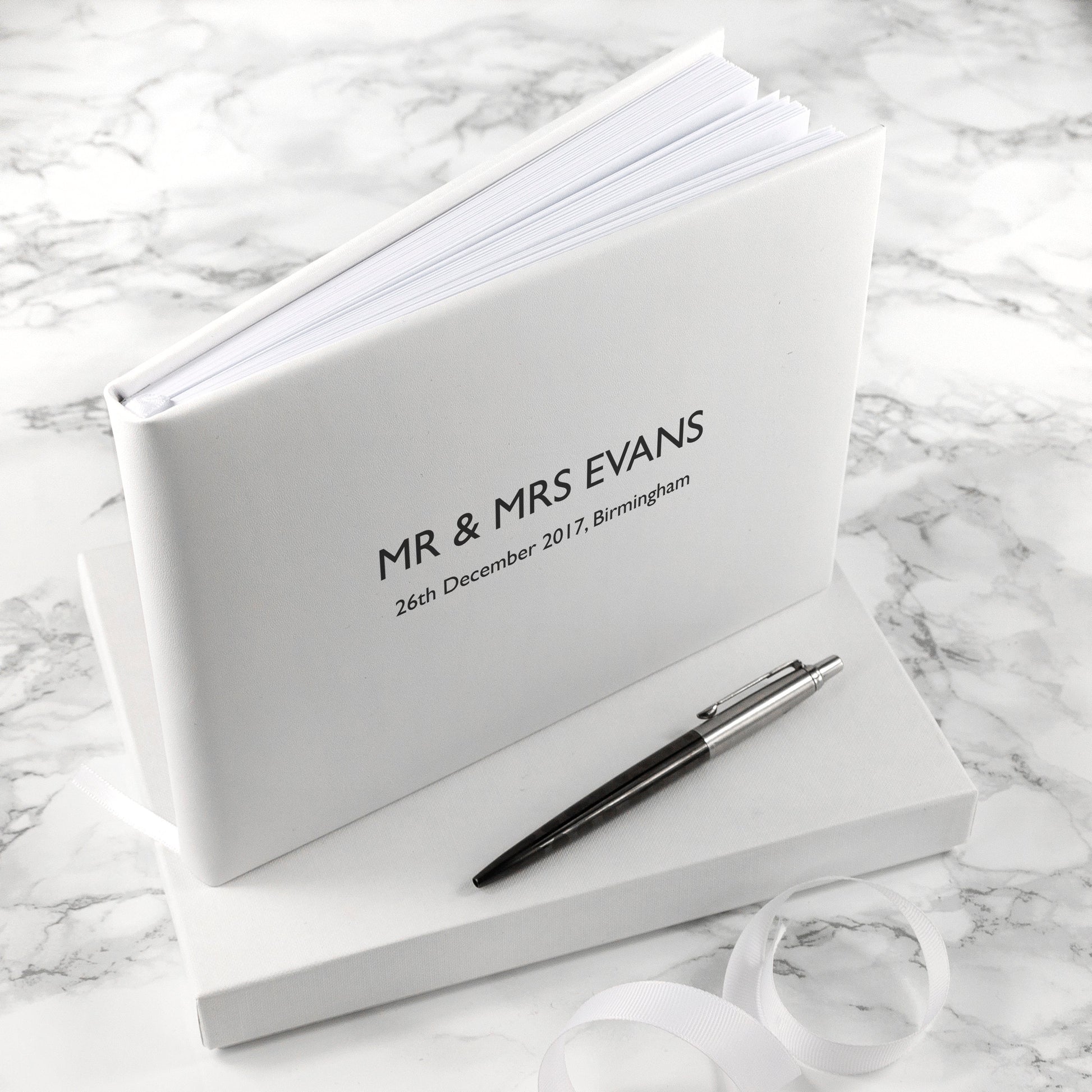 Personalized Luxury White Leather Wedding Guest Book  Leather Books Deeply Engraved