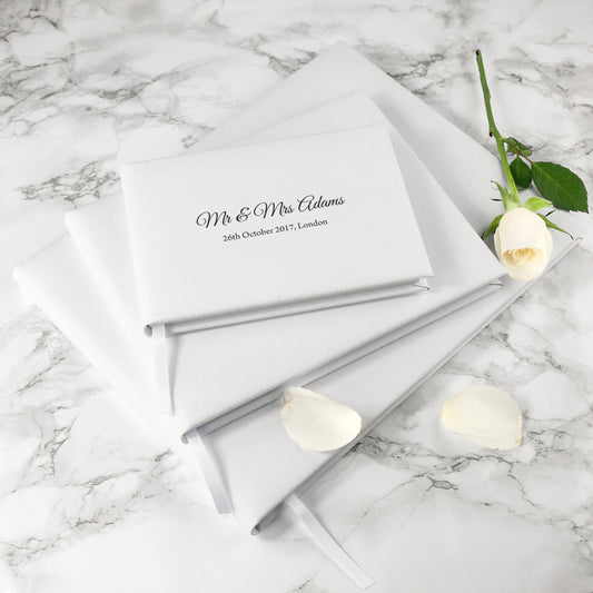 Personalized Luxury White Leather Wedding Guest Book  Leather Books Deeply Engraved