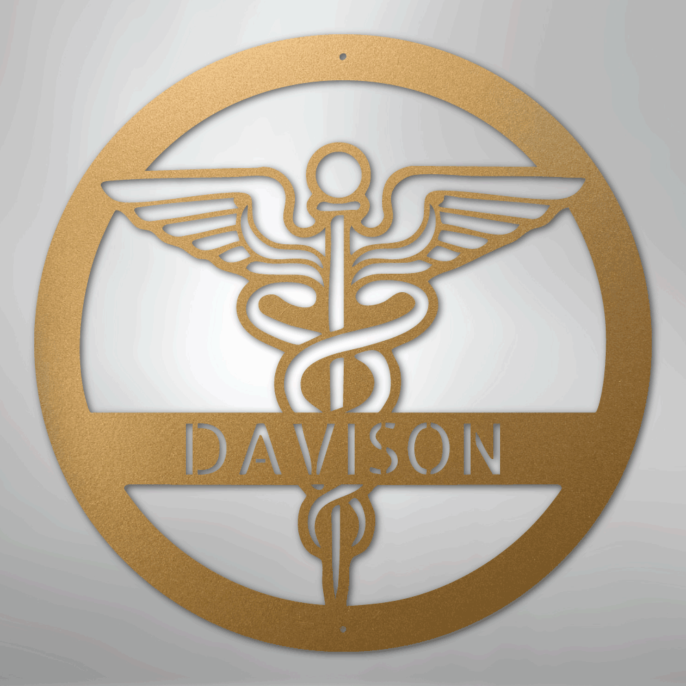 Decorative wall art with Caduceus symbol and 'name' text on a white background