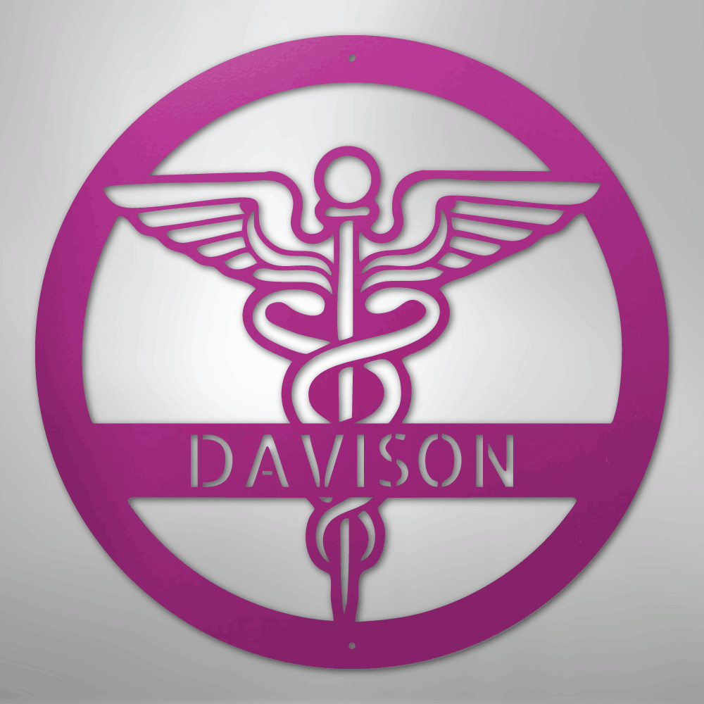 Purple Caduceus symbol with name text personalized