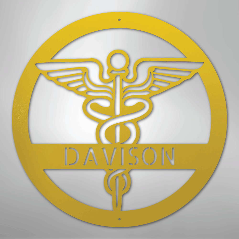 yellow-colored caduceus symbol with name text on a gray background