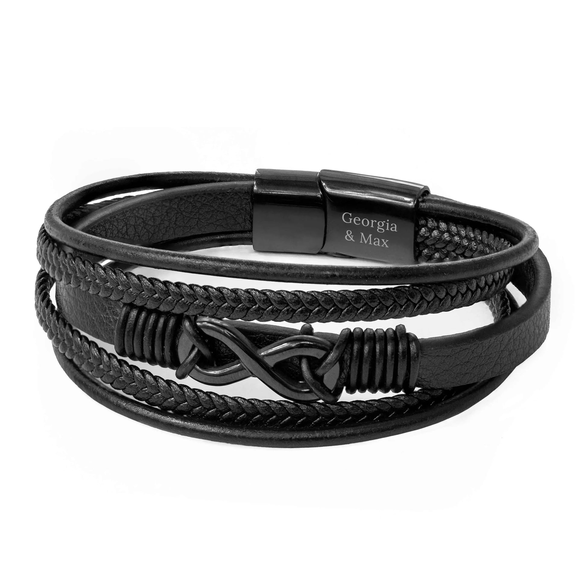 Personalized Men's Infinity Black Leather Stacked Bracelet  Men's Bracelets Deeply Engraved