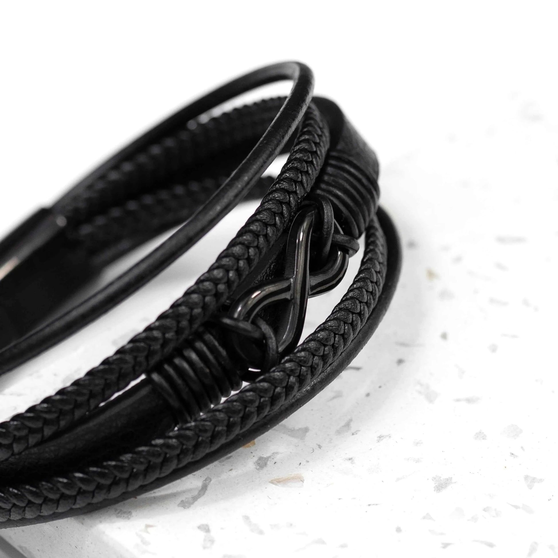 Personalized Men's Infinity Black Leather Stacked Bracelet  Men's Bracelets Deeply Engraved