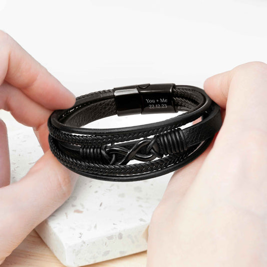 Personalized Men's Infinity Black Leather Stacked Bracelet  Men's Bracelets Deeply Engraved