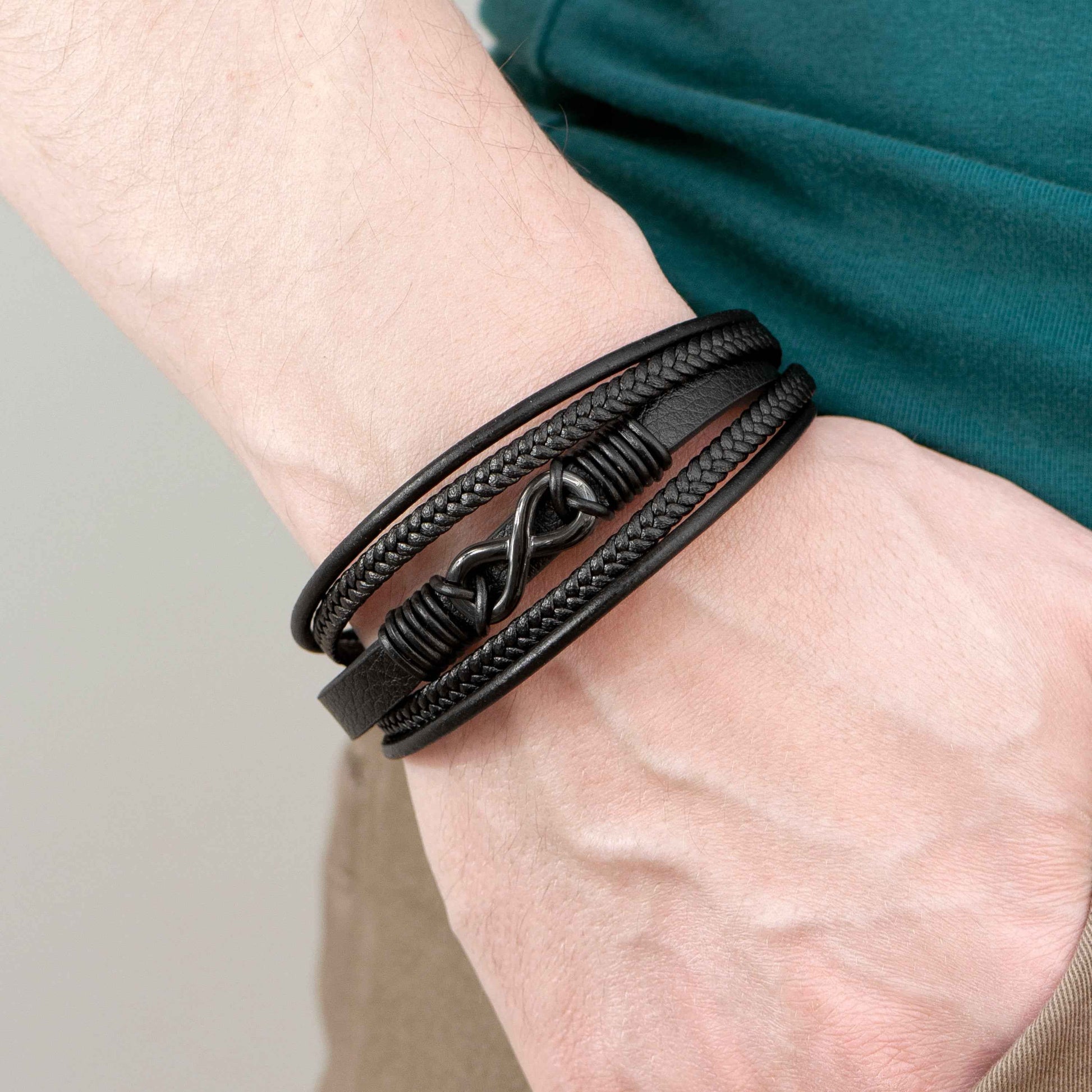 Personalized Men's Infinity Black Leather Stacked Bracelet  Men's Bracelets Deeply Engraved