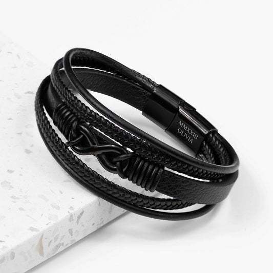 Personalized Men's Infinity Black Leather Stacked Bracelet  Men's Bracelets Deeply Engraved