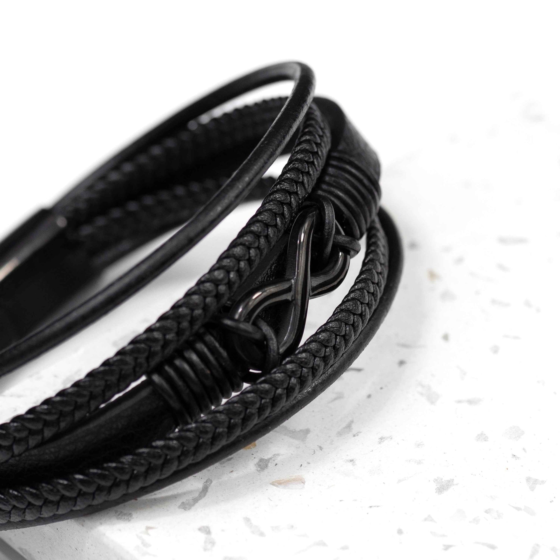 Personalized Men's Infinity Black Leather Stacked Bracelet  Men's Bracelets Deeply Engraved