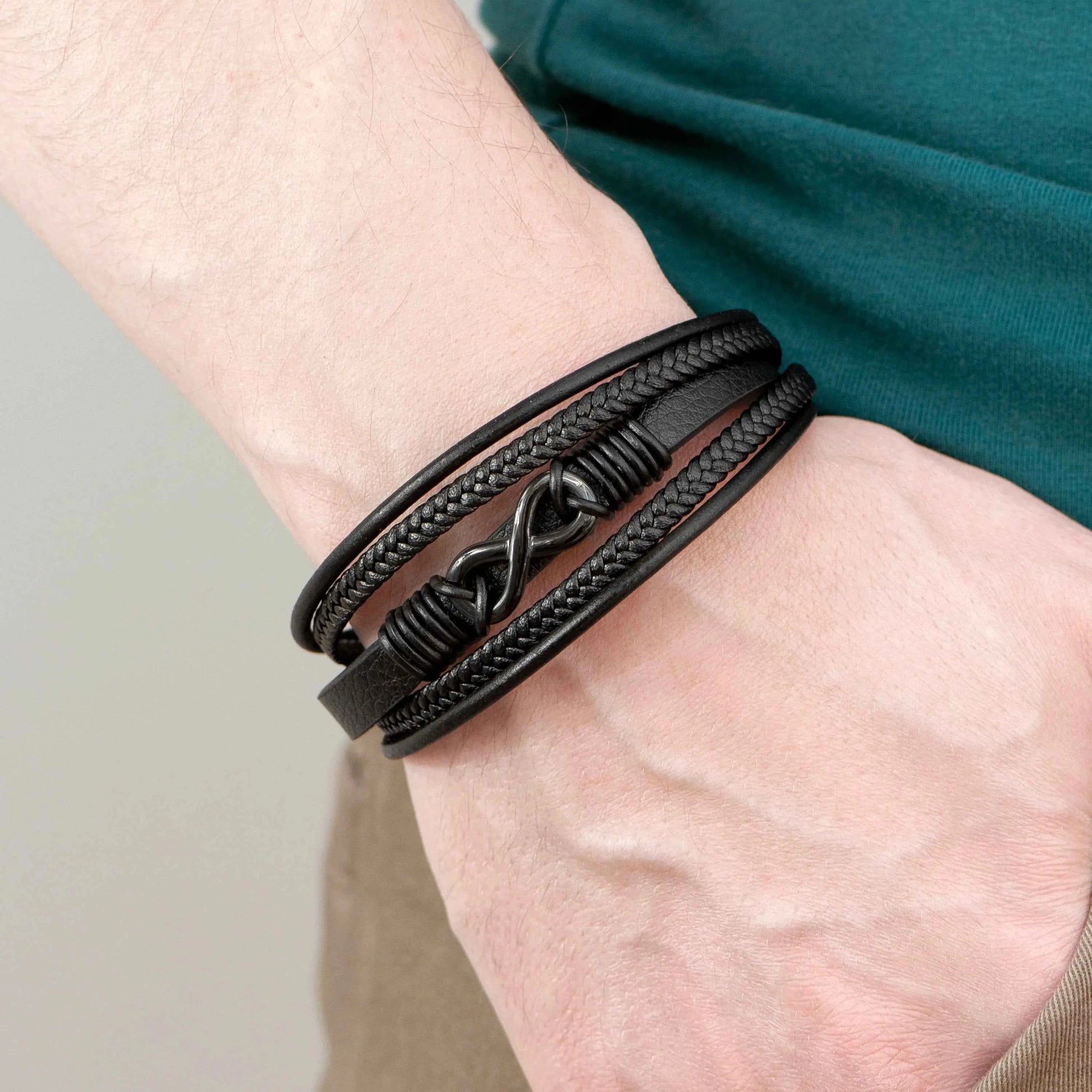 Personalized Men's Infinity Black Leather Stacked Bracelet  Men's Bracelets Deeply Engraved
