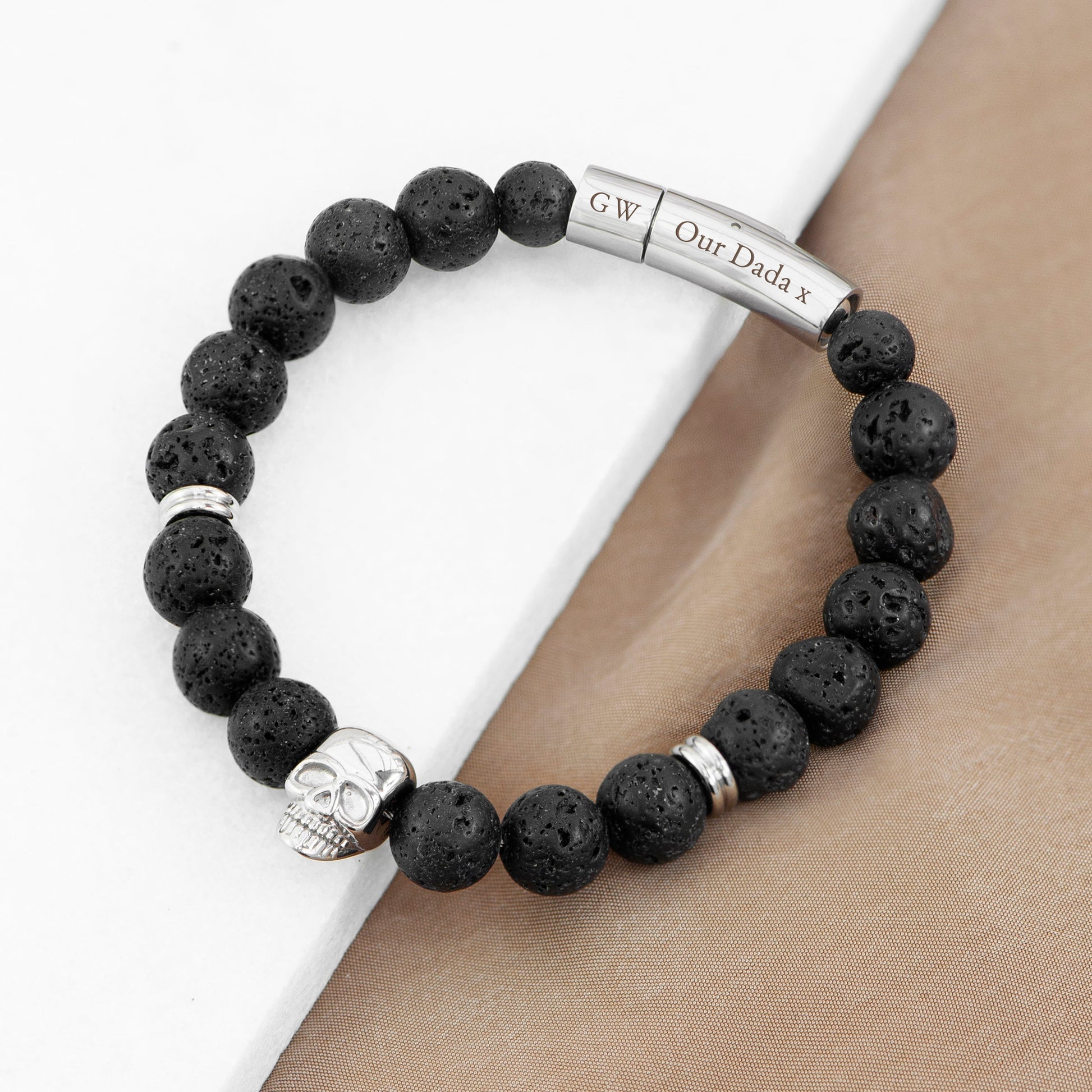 Personalized Men's Lava Stone Beaded Skull Bracelet  Men's Bracelets Deeply Engraved