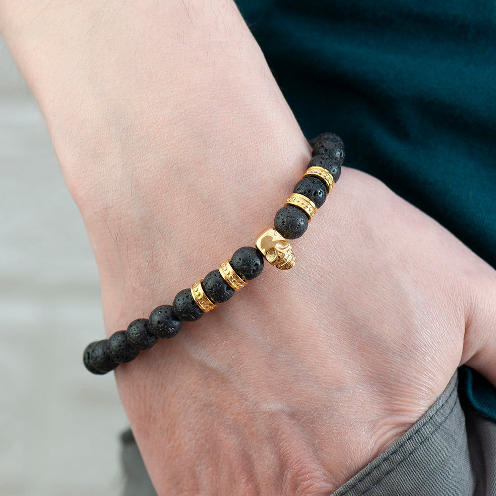 Personalized Men's Lava Stone Beaded Skull Bracelet  Men's Bracelets Deeply Engraved